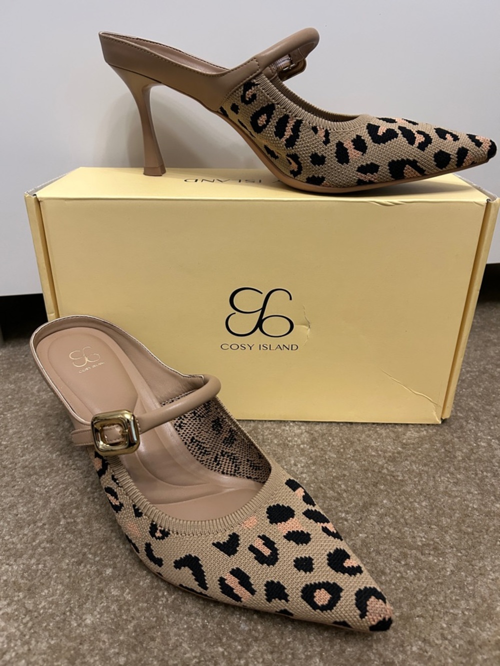 Cosy Island Leopard Knit Pointed Mule Heels in Tan